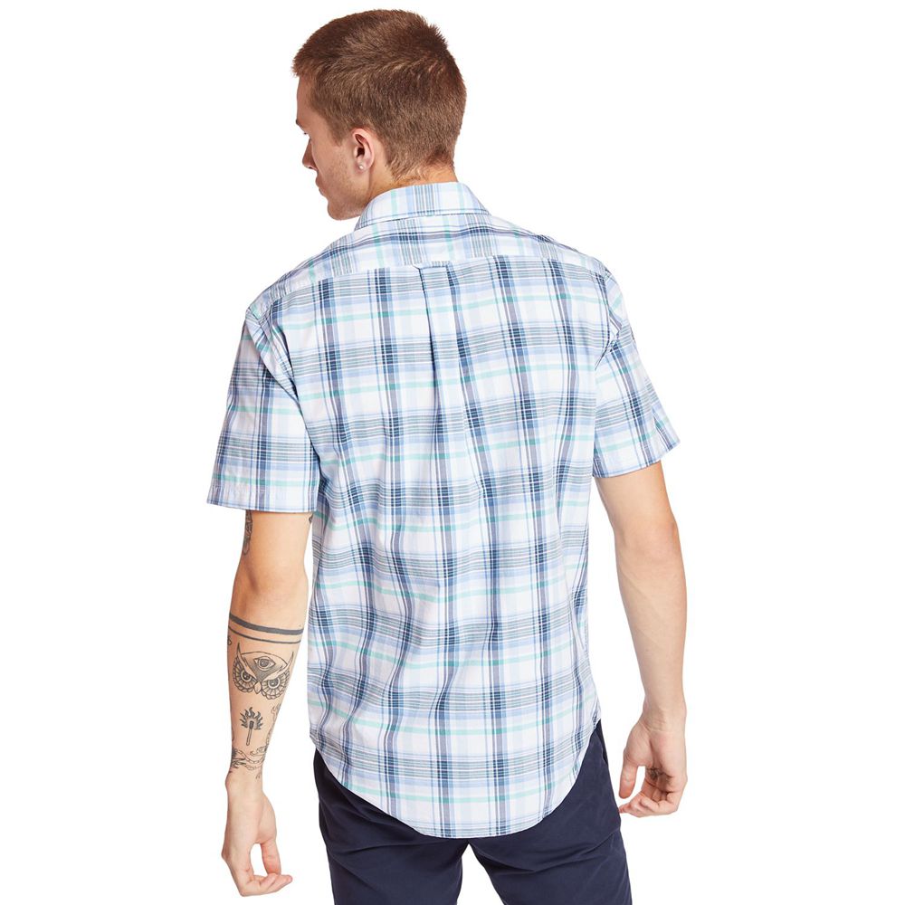 Camisa Timberland Argentina Hombre - Short-Sleeve Indian River Madras - Azules/Blancas - ZXVKGI-061